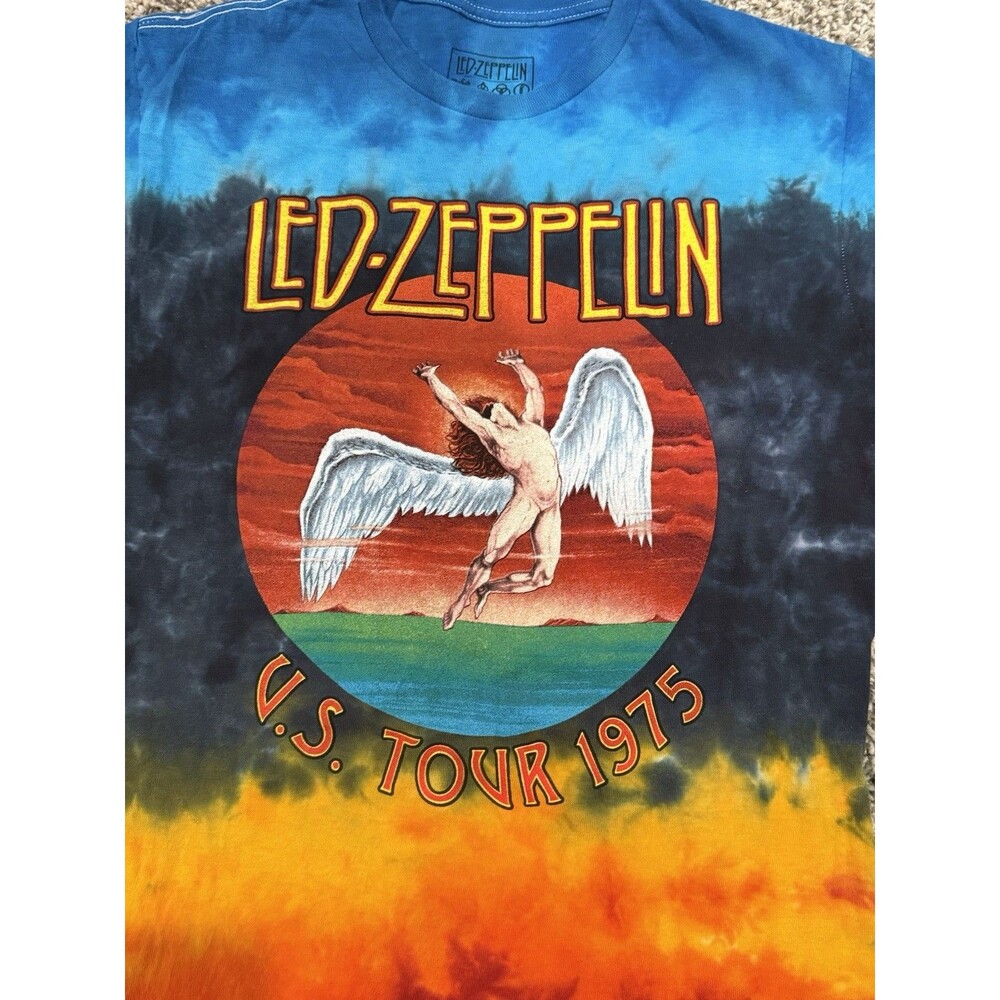 Led Zeppelin US Tour 1975 T-Shirt Rock Music Angel Blue Orange Tie-Dye Mens Sz S
